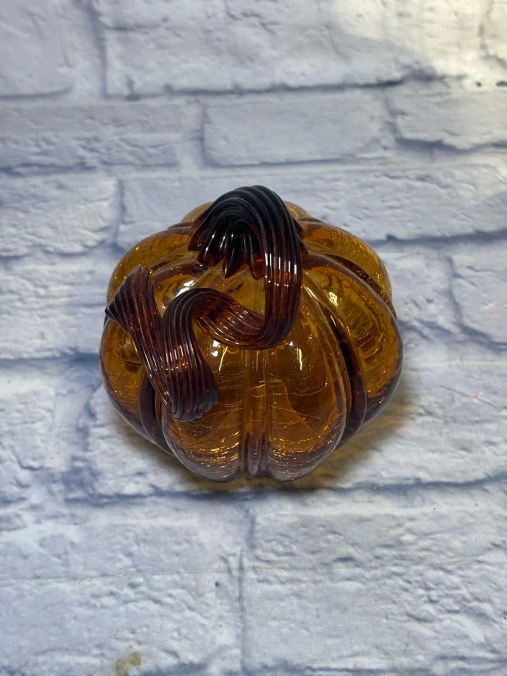 Glass Amber Pumpkin Hand Blown Crackle Finish Thanksgiving Curly Steam Pier One